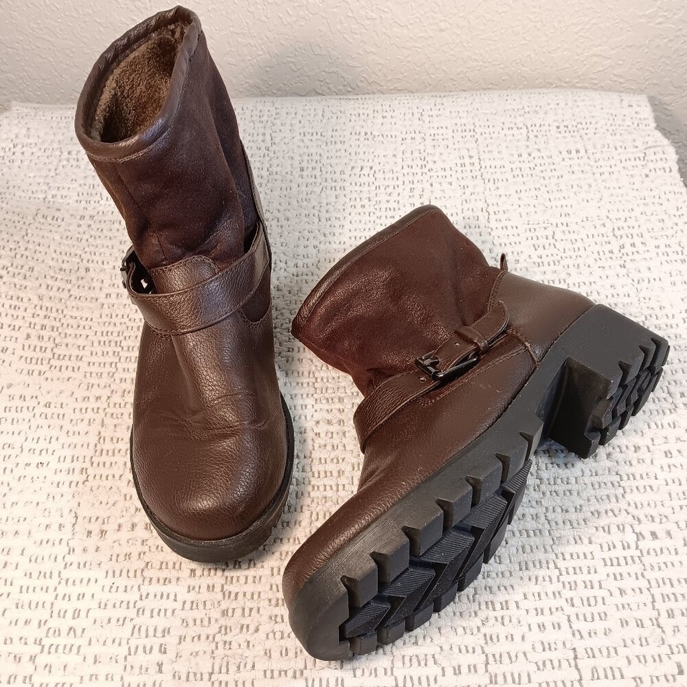 Aldo women's “Legisa” Leather Motorcycle Fleece Chunky Mid-Calf Boots sz 10